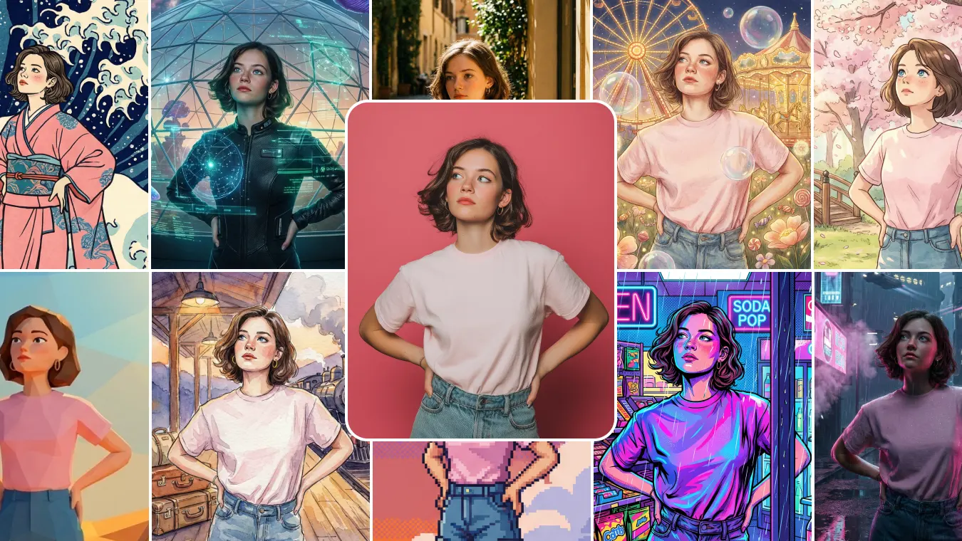 um retrato de garota e várias versões em estilos diferentes feitas no gerador de imagens com IA do AIEase